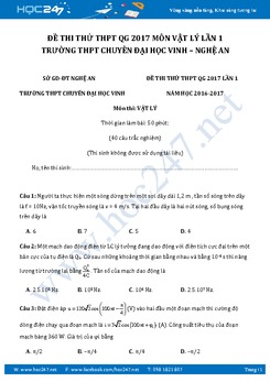 Đề thi thử THPT QG 2017 môn Vật Lý lần 1 trường Chuyên Đại Học Vinh- Nghệ An có đáp án