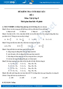 10 đề thi học kì 1 môn Vật lý 9 có đáp án chi tiết