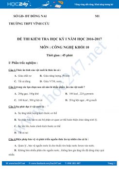 Đề thi HKI Công Nghệ 10 có đáp án trường THPT Vĩnh Cửu