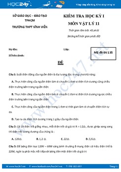 Đề thi và đáp án môn  Vật Lý 11 HK1 trường THPT Vĩnh Viễn