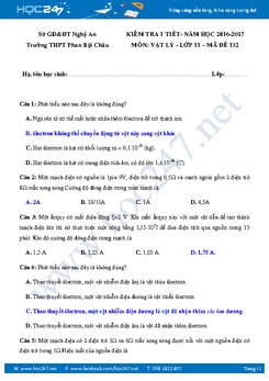 Đề kiểm tra giữa HKI môn Vật lý 11 trường THPT Phan Bội Châu