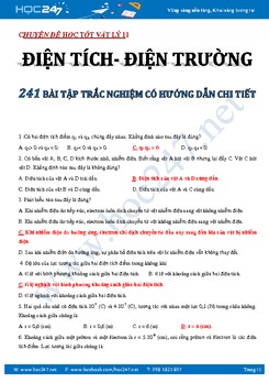 241 bài tập trắc nghiệm Điện tích- Điện trường Vật lý 11 có đáp án