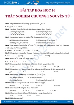 50 câu trắc nghiệm NC Hóa học 10 Chương 1 Cấu tạo Nguyên tử