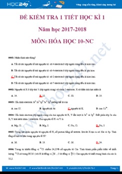 Đề kiểm tra 1 tiết HK1 môn Hóa học 10 chương 1 có đáp án trắc nghiệm