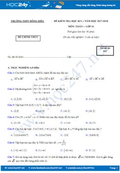 Đề thi học kỳ 1 môn Toán lớp 10 năm 2017 - Trường THPT Đông Hiếu