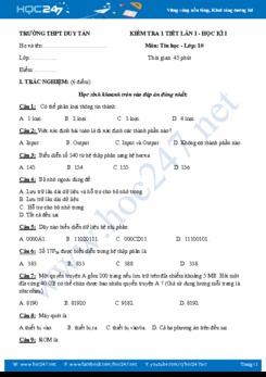 Đề kiểm tra 1 tiết HK 1 môn Tin học lớp 10  - THPT Duy Tân