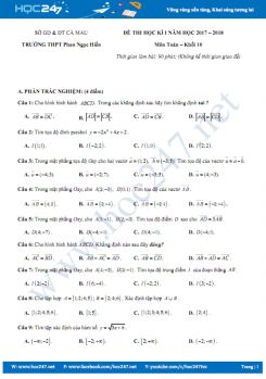 Đề thi học kỳ 1 môn Toán lớp 10 năm 2017 - Trường THPT Phan Ngọc Hiển