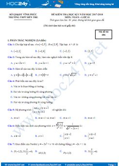 Đề thi học kỳ 1 môn Toán lớp 10 năm 2017 - Trường THPT Bến Tre - Vĩnh Phúc