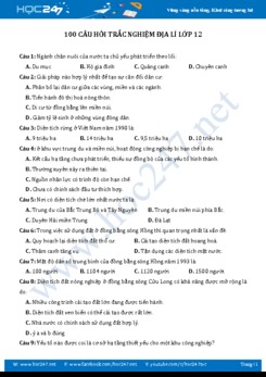 100 câu hỏi trắc nghiệm Địa lí lớp 12
