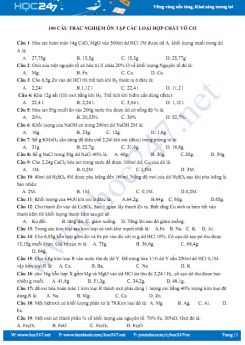 100 Câu trắc nghiệm ôn tập Chương 1 Các loại hợp chất vô cơ