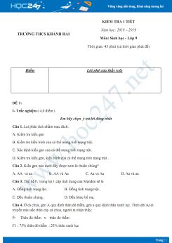 Đề kiểm tra 1 tiết HK1 môn Sinh học lớp 9 năm 2018-2019 - Trường THCS Khánh Hải có đáp án
