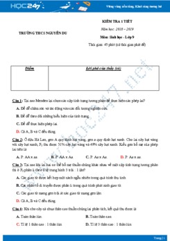 Đề kiểm tra 1 tiết HK1 môn Sinh học lớp 9 năm 2018-2019 - Trường THCS Nguyễn Du có đáp án