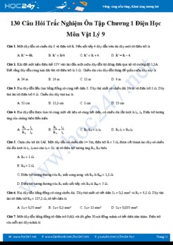 130 câu hỏi trắc nghiệm ôn tập chương 1 Điện học môn Vật lý 9