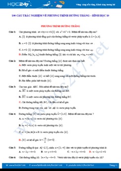 100 câu trắc nghiệm về Phương trình đường thẳng - Hình học 10 có đáp án