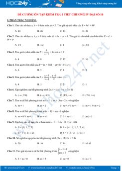 Đề cương ôn tập kiểm tra 1 tiết Chương 4 Đại số 10 năm học 2019 -2020