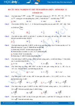 80 câu trắc nghiệm về Thể tích khối đa diện - Hình học 12 có đáp án