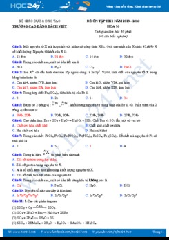 Đề ôn tập HK1 môn Hóa học 10 năm 2019 - 2020 Trường Cao Đẳng Bách Việt