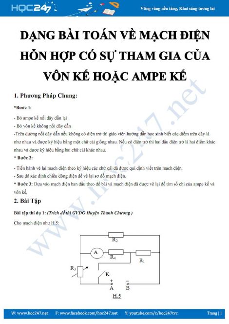 Dạng bài toán về mạch điện hỗn hợp có sự tham gia của Vôn kế hoặc Ampe kế môn Vật lý 9