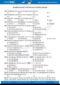 Đề kiểm tra môn Hóa 11 chủ đề Ancol năm học 2019-2020