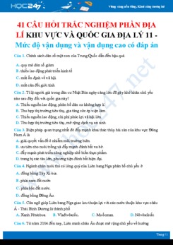 41 Câu hỏi trắc nghiệm phần Địa lý khu vực và quốc gia Địa lý 11 - Mức độ vận dụng và vận dung cao có đáp án