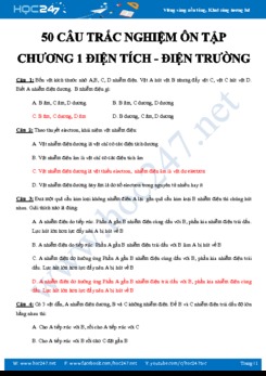 50 câu trắc nghiệm ôn tập Chương 1 Điện tích – Điện trường môn Vật lý 11 có đáp án năm 2020