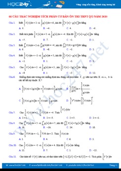 66 câu trắc nghiệm Tích phân cơ bản ôn thi THPT QG năm 2020