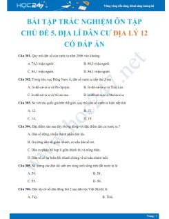 Bài tập trắc nghiệm ôn tập chủ đề 5. Địa lí dân cư Địa lý 12 có đáp án