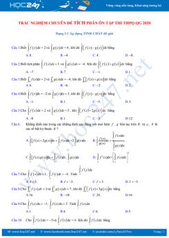 200 câu trắc nghiệm chuyên đề Tích phân ôn thi THPT QG năm 2020