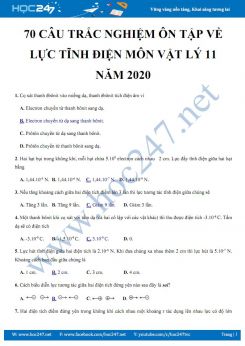 70 câu trắc nghiệm ôn tập về Lực tĩnh điện môn Vật lý 11 năm 2020 có đáp án