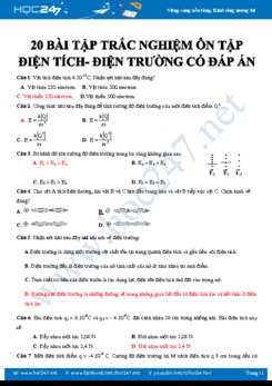 20 bài tập trắc nghiệm ôn tập Điện tích- Điện trường có đáp án chi tiết môn Vật lý 11 năm 2020