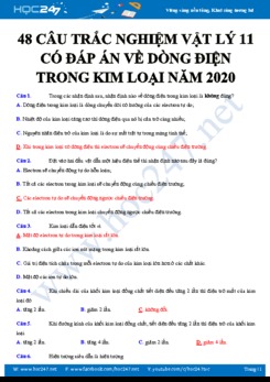 48 câu trắc nghiệm Vật lý 11 có đáp án về Dòng điện trong kim loại năm 2020