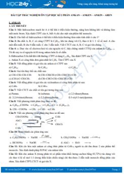 Bài tập trắc nghiệm ôn tập HK2 phần Ankan - Anken - Ankin và Aren môn Hóa học 11 năm 2019-2020