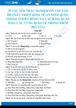 35 Câu hỏi trắc nghiệm ôn tập Vấn đề phát triển kinh tế an ninh quốc phòng ở Biển Đông và các đảo, quần đảo - Các vùng kinh tế trọng điểm Địa lí 12