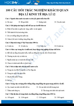 100 Câu hỏi trắc nghiệm khách quan Địa lí kinh tế Địa lí 12 năm 2019-2020 - Trường THPT Tây Tiền Hải