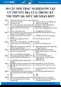 50 Câu hỏi trắc nghiệm ôn tập lý thuyết Địa lí 12 trong kỳ thi THPT QG mức độ nhận biết