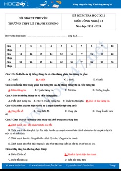 Đề kiểm tra HK2 môn Công Nghệ 12 năm 2018-2029 trường THPT Lê Thành Phương có đáp án