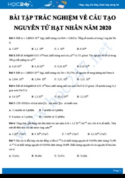 Bài tập trắc nghiệm về Cấu tạo nguyên tử hạt nhân có đáp án năm 2020