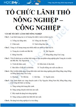 30 Câu hỏi trắc nghiệm ôn tập chủ đề Vấn đề tổ chức lãnh thổ nông nghiệp và công nghiệp Địa lí 12 có đáp án