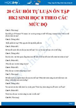 20 Câu hỏi tự luận ôn tập HK2 Sinh học 8 theo các mức độ có đáp án