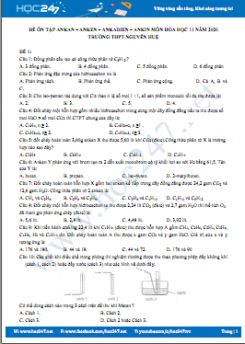 Đề ôn tập Ankan - Ankadien - Anken - Ankin môn Hóa học 11 năm 2020 Trường THPT Nguyễn Huệ