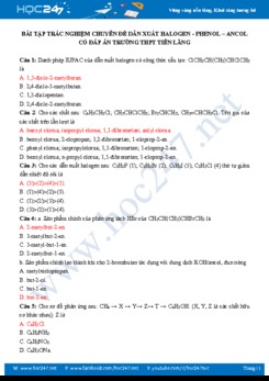 Bài tập trắc nghiệm chuyên đề dẫn xuất Halogen - Ancol - Phenol môn Hóa học 11 năm 2020 Trường THPT Tiên Lãng