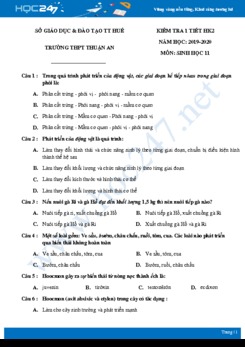 Đề kiểm tra ôn tập giữa HK2 môn Sinh học 11 năm 2020 - Trường THPT Thuận An có đáp án