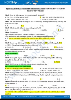 Bộ 200 câu hỏi trắc nghiệm lý thuyết Hóa vô cơ môn Hóa học 12 năm 2020 Trường THPT Phú Lộc