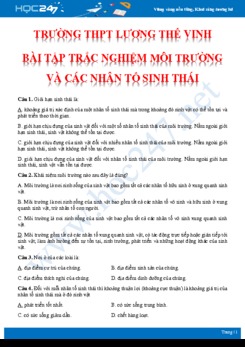 Bài tập trắc nghiệm ôn tập chủ đề Môi trường và các nhân tố sinh thái Sinh học 12 - Trường THPT Lương Thế Vinh có đáp án