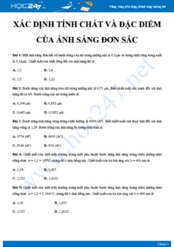 Trắc nghiệm xác định tính chất và đặc điểm của Ánh sáng đơn sắc có đáp án môn Vật lý 12