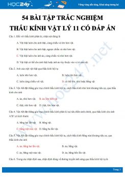 54 bài tập trắc nghiệm về Thấu kính môn Vật lý 11 có đáp án