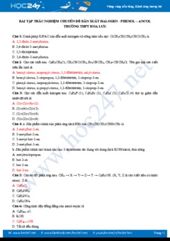 Bài tập trắc nghiệm chuyên đề dẫn xuất Halogen - Ancol - Phenol môn Hóa học 11 năm 2020 Trường THPT Hoa Lưu