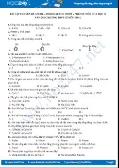 Bài tập chuyên đề Ancol - Hidrocacbon thơm - Phenol môn Hóa học 11 năm 2020 Trường THPT Lê Hữu Trác