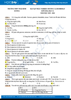 Bài tập trắc nghiệm chương Cacbohydrat môn Hóa học 12 năm 2020 Trường THPT Thái Bình Dương