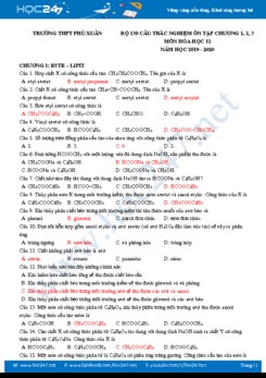 Bộ 130 câu trắc nghiệm ôn tập Chương 1, 2, 3 môn Hóa học 12 năm 2020 Trường THPT Phú Xuân